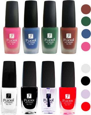 

Flickr Velvet Matte Nail Polish + Glossy Nail Polish Combo (4+4) Black,White Top Coat,Red,Pink,Blue,Green,Nude(Pack of 8)