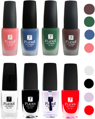 

Flickr Velvet Matte Nail Polish + Glossy Nail Polish Combo (4+4) Black,White Top Coat,Red,Peach,Blue,Green,Maroon(Pack of 8)