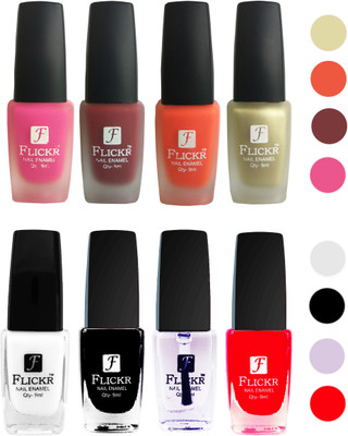 

Flickr Velvet Matte Nail Polish + Glossy Nail Polish Combo (4+4) Black,White Top Coat,Red,Pink,Reddish Maroon,Orange,Golden(Pack of 8)