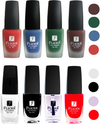 

Flickr Velvet Matte Nail Polish + Glossy Nail Polish Combo (4+4) Black,White Top Coat,Red,Red,Blue,Green,Maroon(Pack of 8)