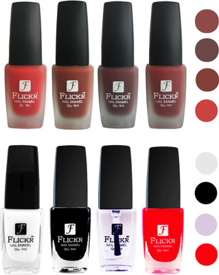 

Flickr Velvet Matte Nail Polish + Glossy Nail Polish Combo (4+4) Black,White Top Coat,Red,Red,Nude,Maroon,Reddish Maroon(Pack of 8)