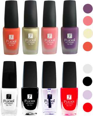 

Flickr Velvet Matte Nail Polish + Glossy Nail Polish Combo (4+4) Black,White Top Coat,Red,Orange,Golden,Peach,Purple(Pack of 8)