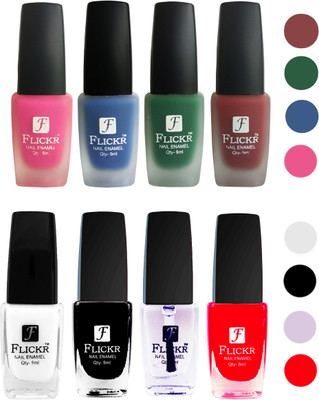 

Flickr Velvet Matte Nail Polish + Glossy Nail Polish Combo (4+4) Black,White Top Coat,Red,Pink,Blue,Green,Reddish Maroon(Pack of 8)