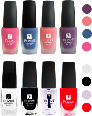 

Flickr Velvet Matte Nail Polish + Glossy Nail Polish Combo (4+4) Black,White Top Coat,Red,Pink,Blue,Peach,Purple(Pack of 8)