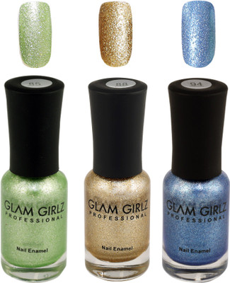 

Glam Girlz Glitter Nail Polish-Combo(85-88-94) green, golden, dark blue(Pack of 3)