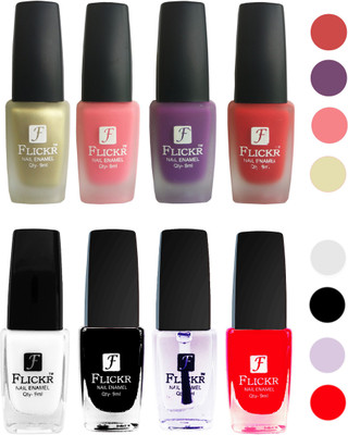 

Flickr Velvet Matte Nail Polish + Glossy Nail Polish Combo (4+4) Black,White Top Coat,Red,Golden,Peach,Purple,Red(Pack of 8)