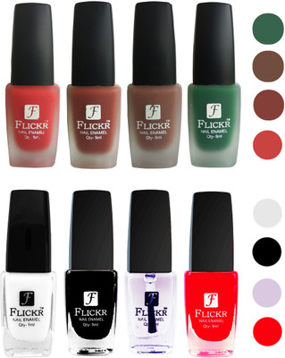 

Flickr Velvet Matte Nail Polish + Glossy Nail Polish Combo (4+4) Black,White Top Coat,Red,Red,Nude,Brown,Green(Pack of 8)
