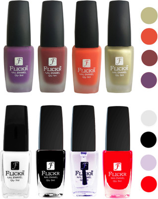 

Flickr Velvet Matte Nail Polish + Glossy Nail Polish Combo (4+4) Black,White Top Coat,Red,Purple,Reddish Maroon,Orange,Golden(Pack of 8)