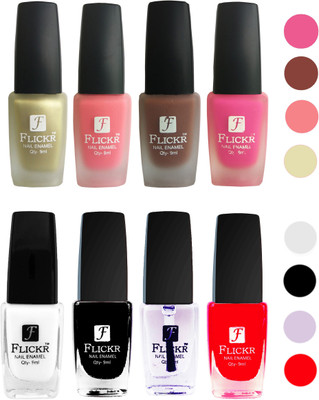 

Flickr Velvet Matte Nail Polish + Glossy Nail Polish Combo (4+4) Black,White Top Coat,Red,Golden,Peach,Brown,Pink(Pack of 8)