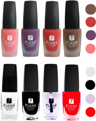 

Flickr Velvet Matte Nail Polish + Glossy Nail Polish Combo (4+4) Black,White Top Coat,Red,Peach,Purple,Red,Brown(Pack of 8)