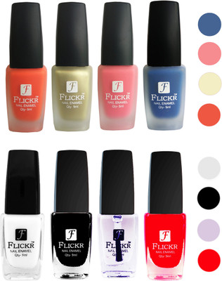 

Flickr Velvet Matte Nail Polish + Glossy Nail Polish Combo (4+4) Black,White Top Coat,Red,Orange,Golden,Peach,Blue(Pack of 8)