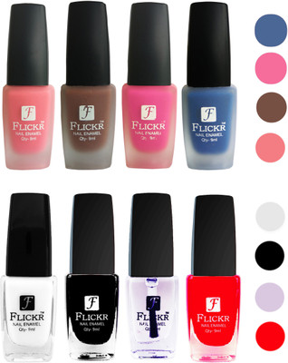 

Flickr Velvet Matte Nail Polish + Glossy Nail Polish Combo (4+4) Black,White Top Coat,Red,Peach,Brown,Pink,Blue(Pack of 8)