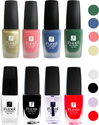 

Flickr Velvet Matte Nail Polish + Glossy Nail Polish Combo (4+4) Black,White Top Coat,Red,Golden,Peach,Blue,Green(Pack of 8)