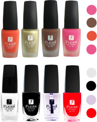 

Flickr Velvet Matte Nail Polish + Glossy Nail Polish Combo (4+4) Black,White Top Coat,Red,Orange,Golden,Brown,Pink(Pack of 8)
