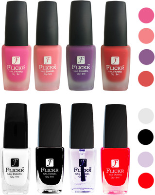 

Flickr Velvet Matte Nail Polish + Glossy Nail Polish Combo (4+4) Black,White Top Coat,Red,Pink,Peach,Purple,Red(Pack of 8)