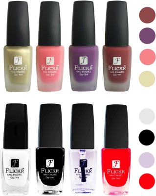 

Flickr Velvet Matte Nail Polish + Glossy Nail Polish Combo (4+4) Black,White Top Coat,Red,Golden,Peach,Purple,Reddish Maroon(Pack of 8)