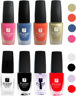 

Flickr Velvet Matte Nail Polish + Glossy Nail Polish Combo (4+4) Black,White Top Coat,Red,Pink,Blue,Orange,Golden(Pack of 8)