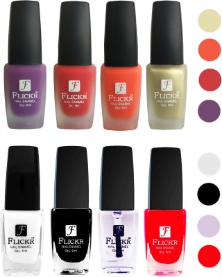 

Flickr Velvet Matte Nail Polish + Glossy Nail Polish Combo (4+4) Black,White Top Coat,Red,Purple,Red,Orange,Golden(Pack of 8)