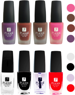 

Flickr Velvet Matte Nail Polish + Glossy Nail Polish Combo (4+4) Black,White Top Coat,Red,Purple,Nude,Brown,Pink(Pack of 8)