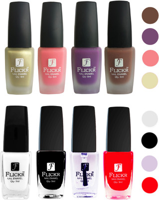 

Flickr Velvet Matte Nail Polish + Glossy Nail Polish Combo (4+4) Black,White Top Coat,Red,Golden,Peach,Purple,Brown(Pack of 8)