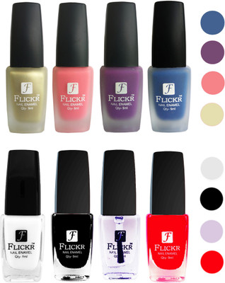 Flickr Velvet Matte Nail Polish + Glossy Nail Polish Combo (4+4) Black,White Top Coat,Red,Golden,Peach,Purple,Blue(Pack of 8)