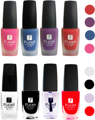 

Flickr Velvet Matte Nail Polish + Glossy Nail Polish Combo (4+4) Black,White Top Coat,Red,Pink,Blue,Purple,Red(Pack of 8)