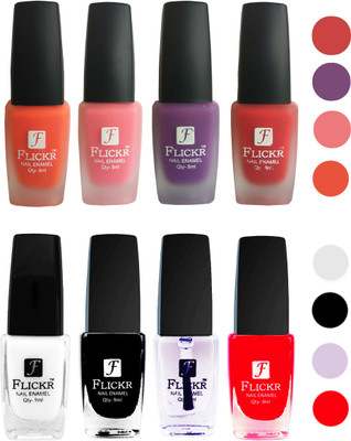 

Flickr Velvet Matte Nail Polish + Glossy Nail Polish Combo (4+4) Black,White Top Coat,Red,Orange,Peach,Purple,Red(Pack of 8)