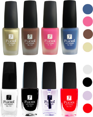 

Flickr Velvet Matte Nail Polish + Glossy Nail Polish Combo (4+4) Black,White Top Coat,Red,Golden,Brown,Pink,Blue(Pack of 8)