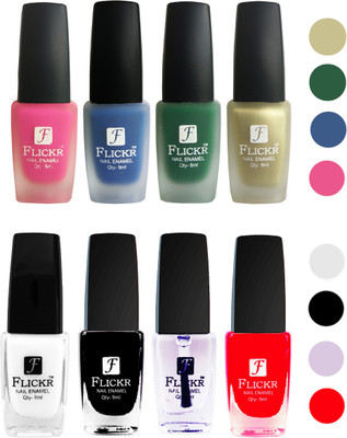 

Flickr Velvet Matte Nail Polish + Glossy Nail Polish Combo (4+4) Black,White Top Coat,Red,Pink,Blue,Green,Golden(Pack of 8)