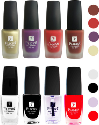 

Flickr Velvet Matte Nail Polish + Glossy Nail Polish Combo (4+4) Black,White Top Coat,Red,Golden,Purple,Red,Nude(Pack of 8)