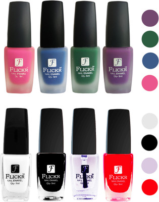 

Flickr Velvet Matte Nail Polish + Glossy Nail Polish Combo (4+4) Black,White Top Coat,Red,Pink,Blue,Green,Purple(Pack of 8)