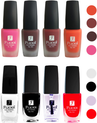 

Flickr Velvet Matte Nail Polish + Glossy Nail Polish Combo (4+4) Black,White Top Coat,Red,Pink,Maroon,Reddish Maroon,Orange(Pack of 8)