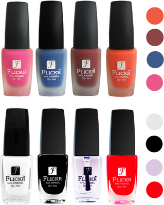 

Flickr Velvet Matte Nail Polish + Glossy Nail Polish Combo (4+4) Black,White Top Coat,Red,Pink,Blue,Reddish Maroon,Orange(Pack of 8)