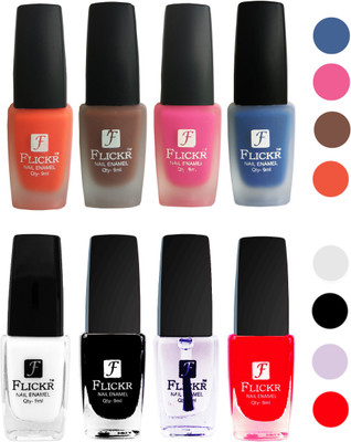 

Flickr Velvet Matte Nail Polish + Glossy Nail Polish Combo (4+4) Black,White Top Coat,Red,Orange,Brown,Pink,Blue(Pack of 8)