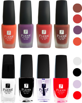 

Flickr Velvet Matte Nail Polish + Glossy Nail Polish Combo (4+4) Black,White Top Coat,Red,Orange,Purple,Red,Nude(Pack of 8)