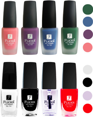 

Flickr Velvet Matte Nail Polish + Glossy Nail Polish Combo (4+4) Black,White Top Coat,Red,Peach,Purple, Blue,Green(Pack of 8)