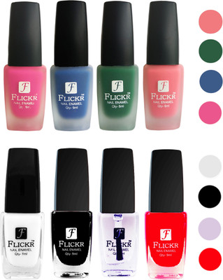

Flickr Velvet Matte Nail Polish + Glossy Nail Polish Combo (4+4) Black,White Top Coat,Red,Pink,Blue,Green,Peach(Pack of 8)