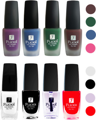 

Flickr Velvet Matte Nail Polish + Glossy Nail Polish Combo (4+4) Black,White Top Coat,Red,Purple,Blue,Green,Maroon(Pack of 8)
