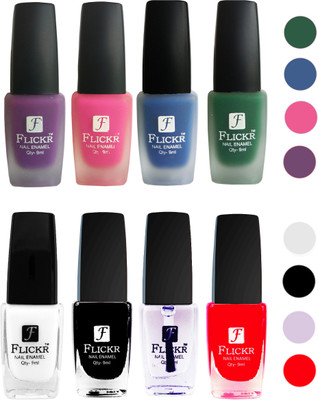

Flickr Velvet Matte Nail Polish + Glossy Nail Polish Combo (4+4) Black,White Top Coat,Red,Purple,Pink,Blue,Green(Pack of 8)