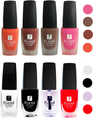 

Flickr Velvet Matte Nail Polish + Glossy Nail Polish Combo (4+4) Black,White Top Coat,Red,Orange,Nude,Brown,Pink(Pack of 8)