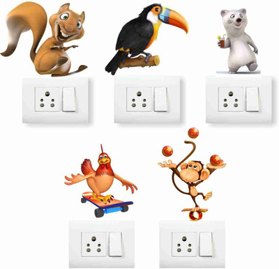 AH Decals 30 cm Animal Switch Board Sticker Removable Sticker(Pack of 5)
