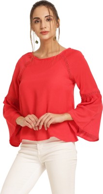 HARPA Casual Bell Sleeve Solid Women Pink Top