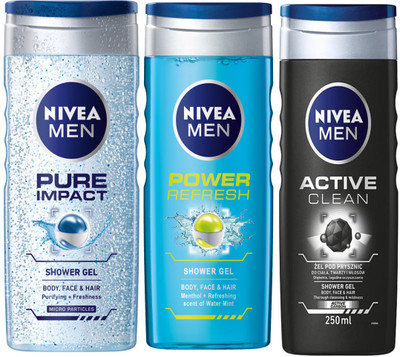 

Nivea MEN ACTIVE CLEAN SHOWER GEL 250 ML + MEN PURE IMPACT SHOWER GEL 250 ML +MEN POWER REFRESH SHOWER GEL 250 ML(250 ml, Pack of 3)
