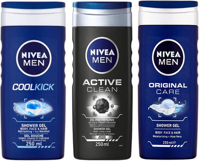 

Nivea MEN ORIGINAL CARE SHOWER GEL 250 ML +MEN ACTIVE CLEAN SHOWER GEL 250 ML +MEN COOL KICK SHOWER GEL 250 ML(250 ml, Pack of 3)