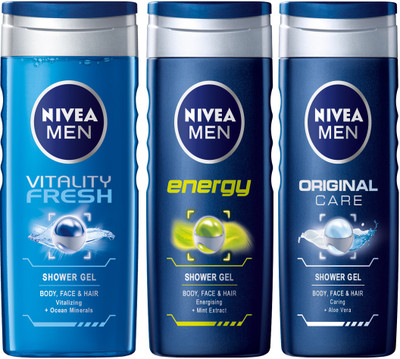 

Nivea MEN ORIGINAL CARE SHOWER GEL 250 ML +MEN ENERGY SHOWER GEL 250 ML + MEN VITALITY FRESH SHOWER GEL 250 ML(250 ml, Pack of 3)