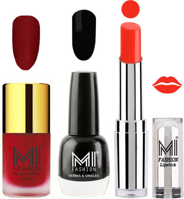 

MI FASHION Premium Quality Super Saver Nail Polish and Lipstick Combo - Tomato Red Matte Nail Polish,Jet Black Shine Nail Polish and Orange Crush Lipstick(Set of 3)