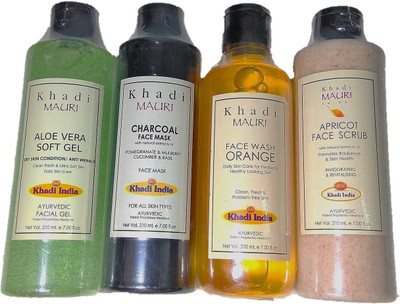 

Khadi Mauri Herbal face care mini home facial kit combo of Aloe vera gel+Charcoal face mask+Herbal orange face wash+Apricot scrub(Set of 4)