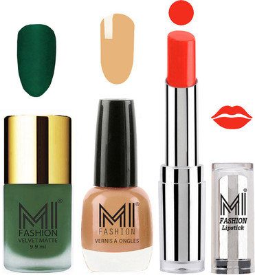 

MI FASHION Premium Quality Super Saver Nail Polish and Lipstick Combo - Green Matte Nail Polish,Flirty Nude Shine Nail Polish and Orange Crush Lipstick(Set of 3)