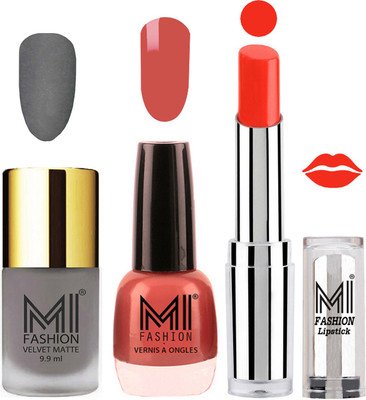 

MI FASHION Premium Quality Super Saver Nail Polish and Lipstick Combo - Grey Matte Nail Polish,Peach Shine Nail Polish and Orange Crush Lipstick(Set of 3)