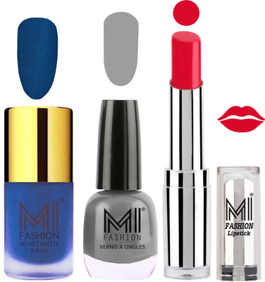 

MI FASHION Premium Quality Super Saver Nail Polish and Lipstick Combo - Navy Blue Matte Nail Polish,Grey Shine Nail Polish and Red Bomber Lipstick(Set of 3)